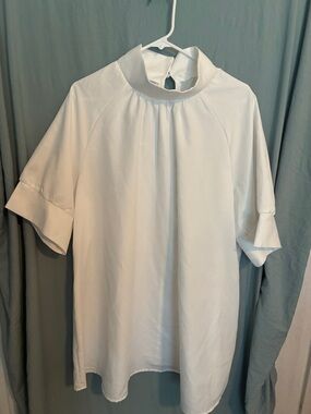 Women's White Mock Neck Short Sleeve Blouse